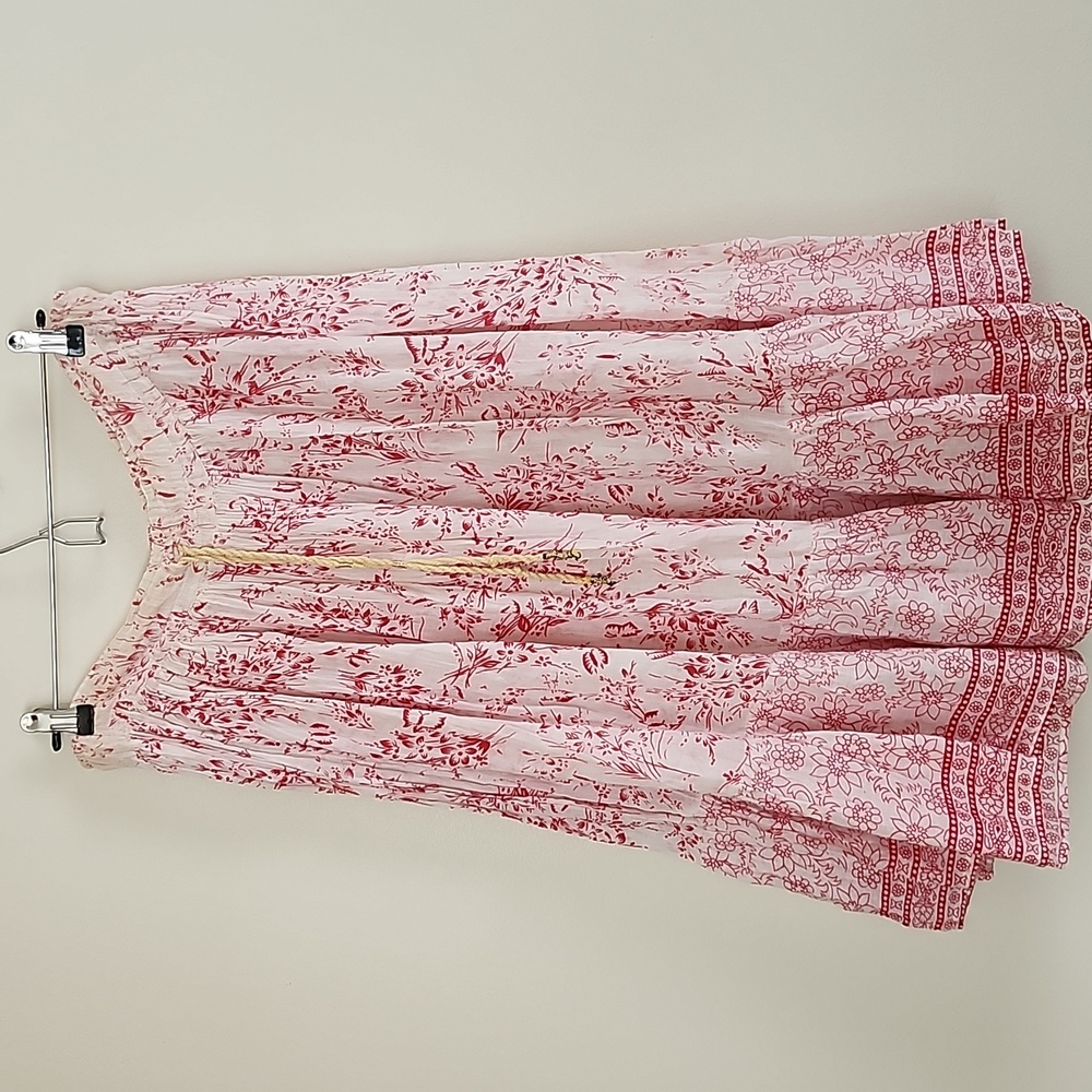 Vintage Prairie Cottagecore Feminine Midi Skirt Flowy Cotton Red White - Picture 3 of 4